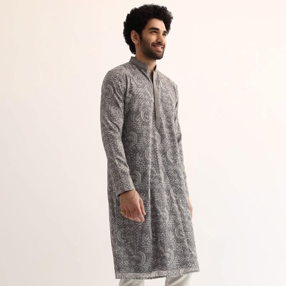 Grey Georgette Sequin Embroidered Kurta Set For Men