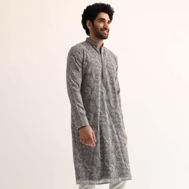 Grey Georgette Sequin Embroidered Kurta Set For Men