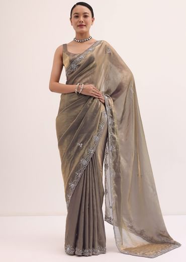 Grey Gold Satin Saree In Sequins With Unstitched Blouse