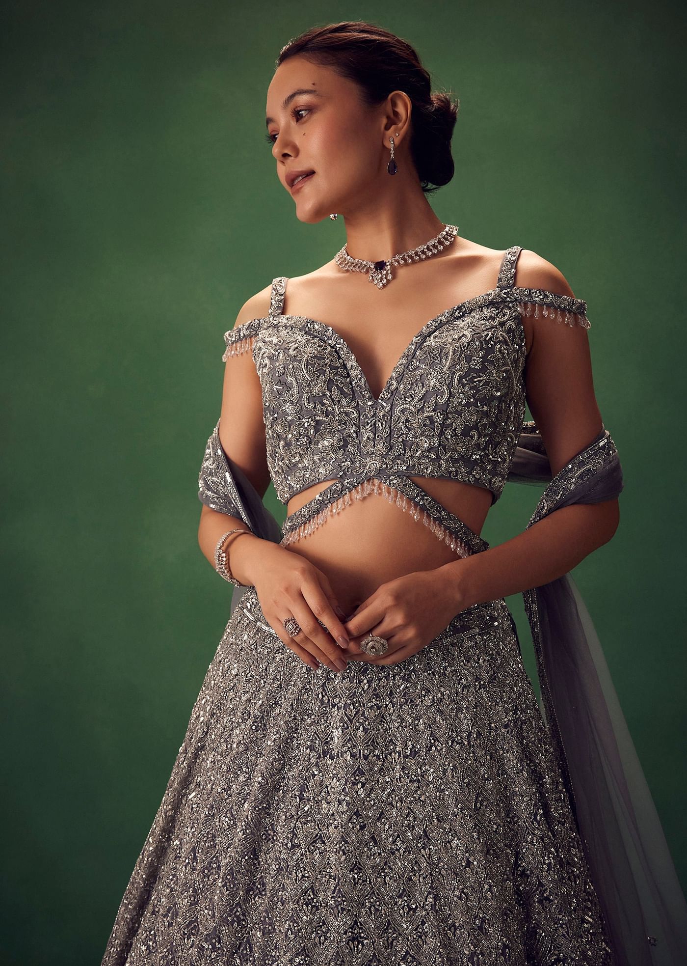 Grey Hand Embroidered Sequin Work Lehenga Set