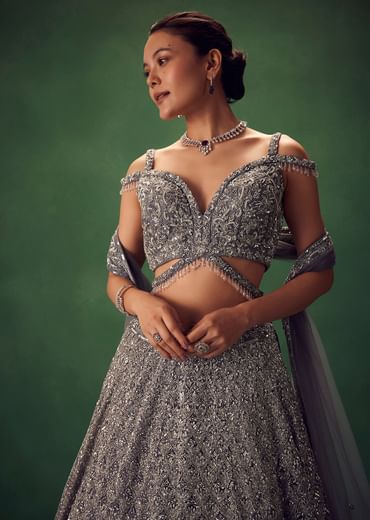 Grey Hand Embroidered Sequin Work Lehenga Set