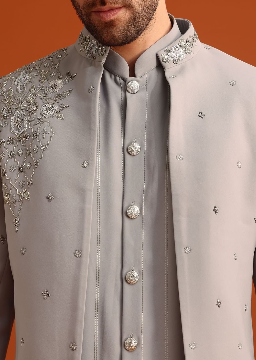 Grey Indo Western Jacket And Kurta Set