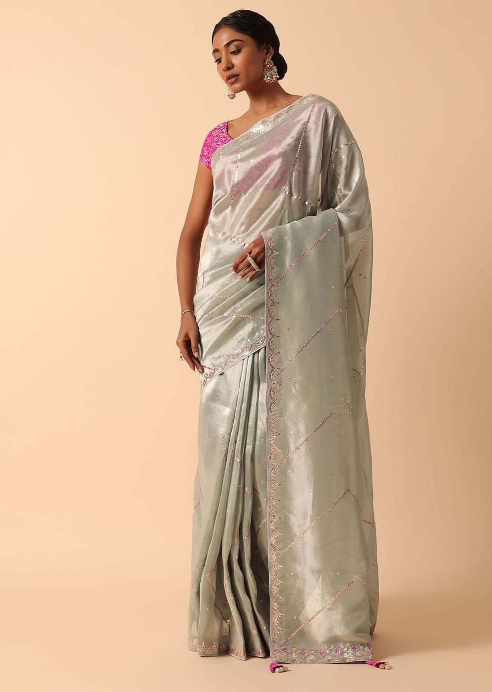 Grey Kora Silk Saree With Unstitched Blouse Fabric