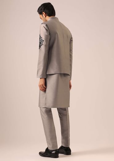Grey Kurta And Jacket Set with Floral Hand Work And Beads