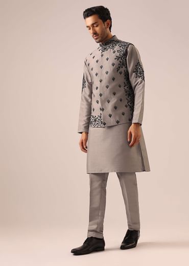 Grey Kurta And Jacket Set with Floral Hand Work And Beads