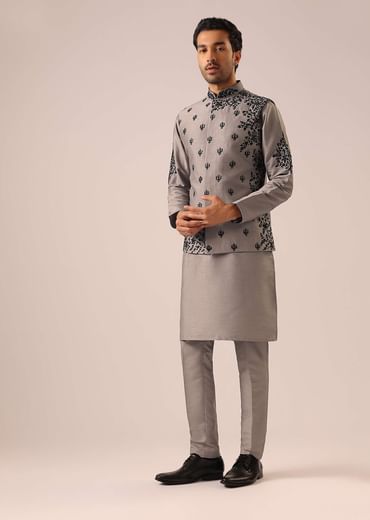 Grey Kurta And Jacket Set with Floral Hand Work And Beads