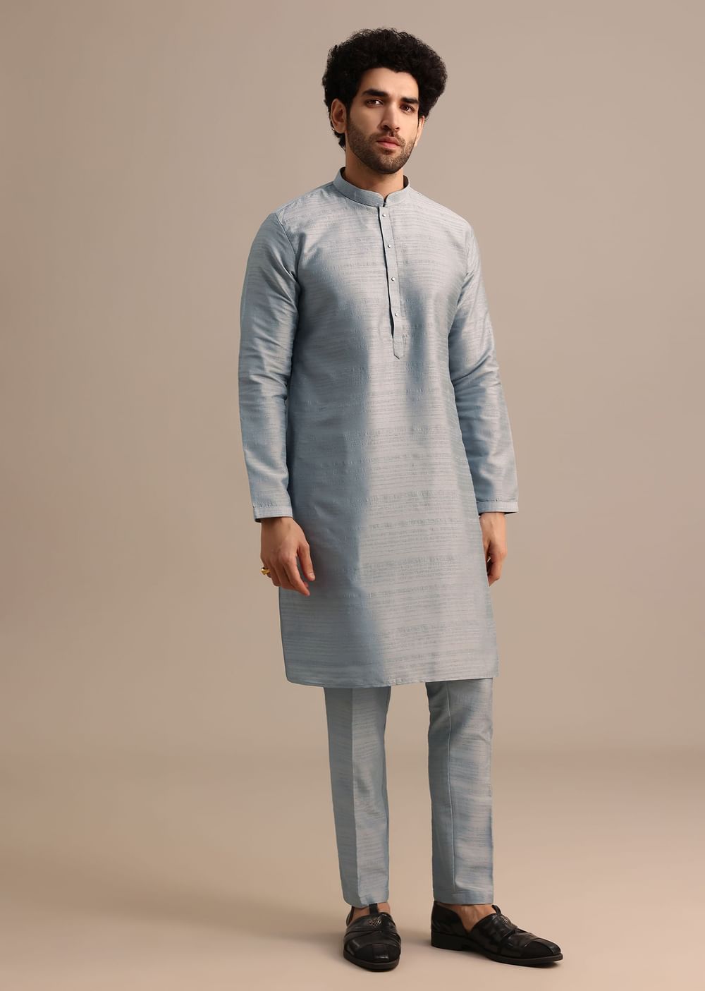 Grey Kurta Jacket Set With Thread And Mirror Work For Men
