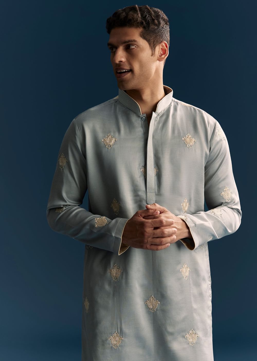 Grey Kurta Set For Men With Golden Thread Embroidery