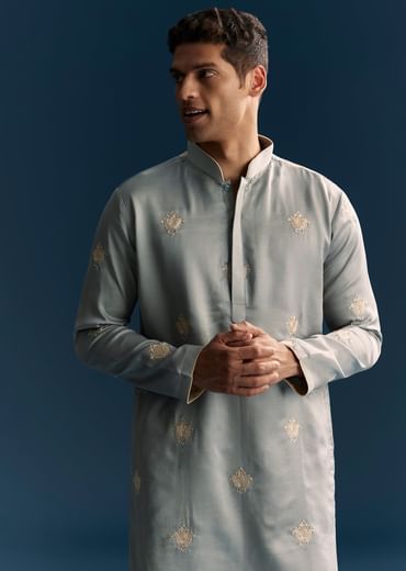 Grey Kurta Set For Men With Golden Thread Embroidery