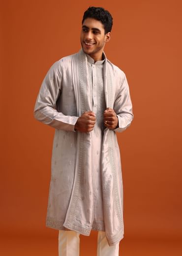 Grey Kurta Set In Raw Silk With Thread Work Dupatta
