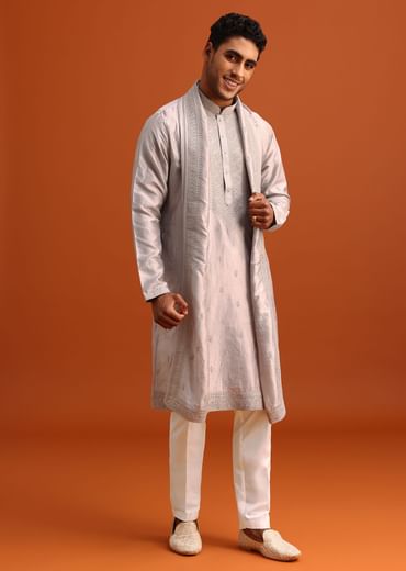 Grey Kurta Set In Raw Silk With Thread Work Dupatta