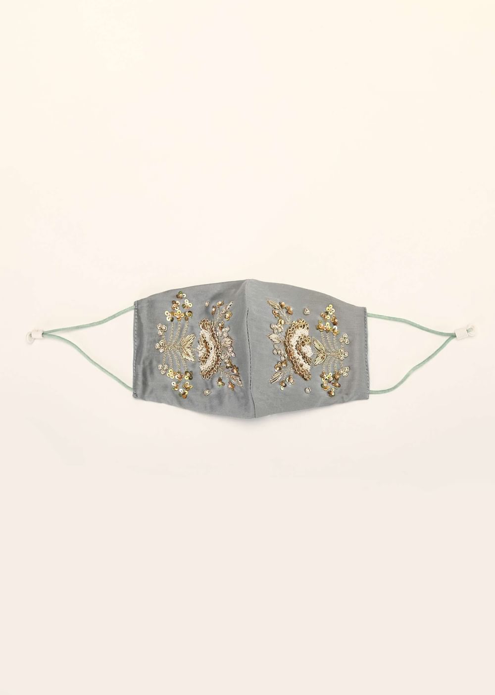 Grey Mask In Silk With Moti And Zardosi Embroidered Floral Motif