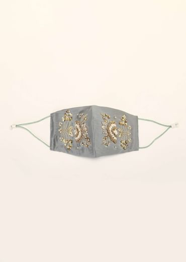 Grey Mask In Silk With Moti And Zardosi Embroidered Floral Motif