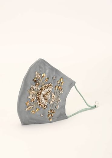 Grey Mask In Silk With Moti And Zardosi Embroidered Floral Motif