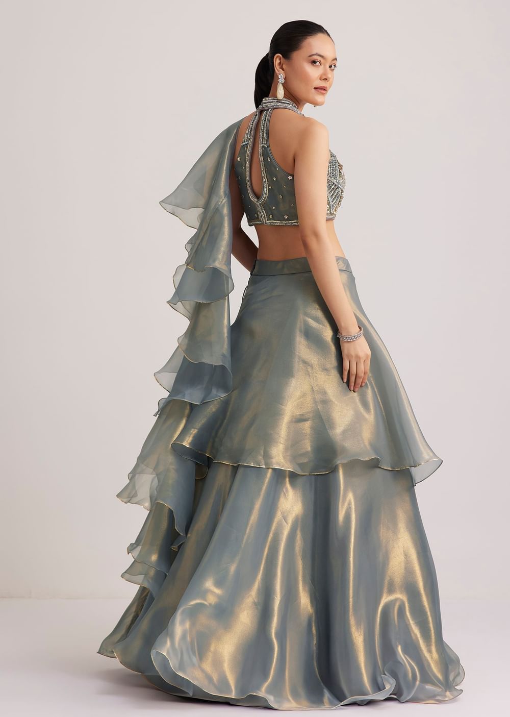 Grey Organza Embellished Lehenga Set With Dupatta