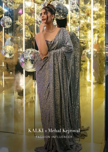 Grey Pleated Saree with A Corset Off-Shoulder Blouse