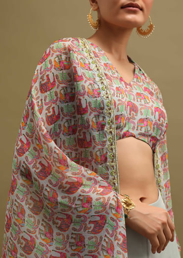 Grey Printed Organza Palazzo Set With Jacket