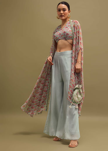 Grey Printed Organza Palazzo Set With Jacket