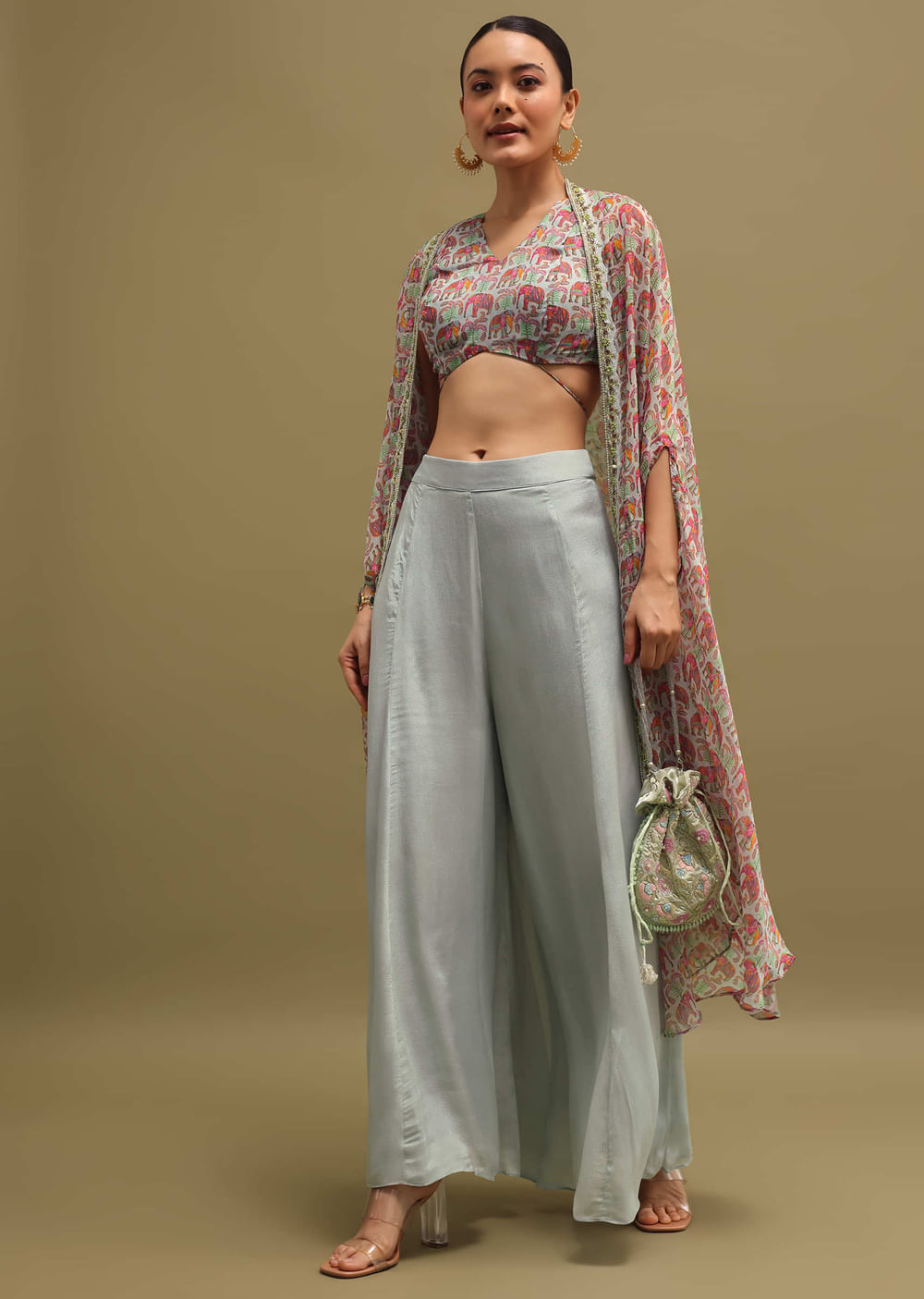 Grey Printed Organza Palazzo Set With Jacket