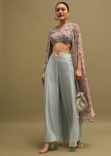 Grey Printed Organza Palazzo Set With Jacket