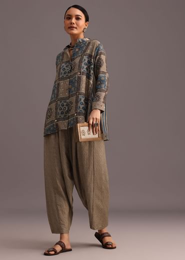 Grey Printed Shirt Salwar Set With Embroidery