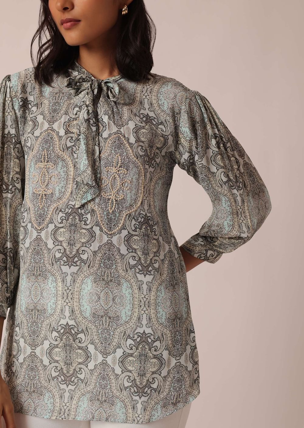 Grey Printed Short Kurta With Sequin Work