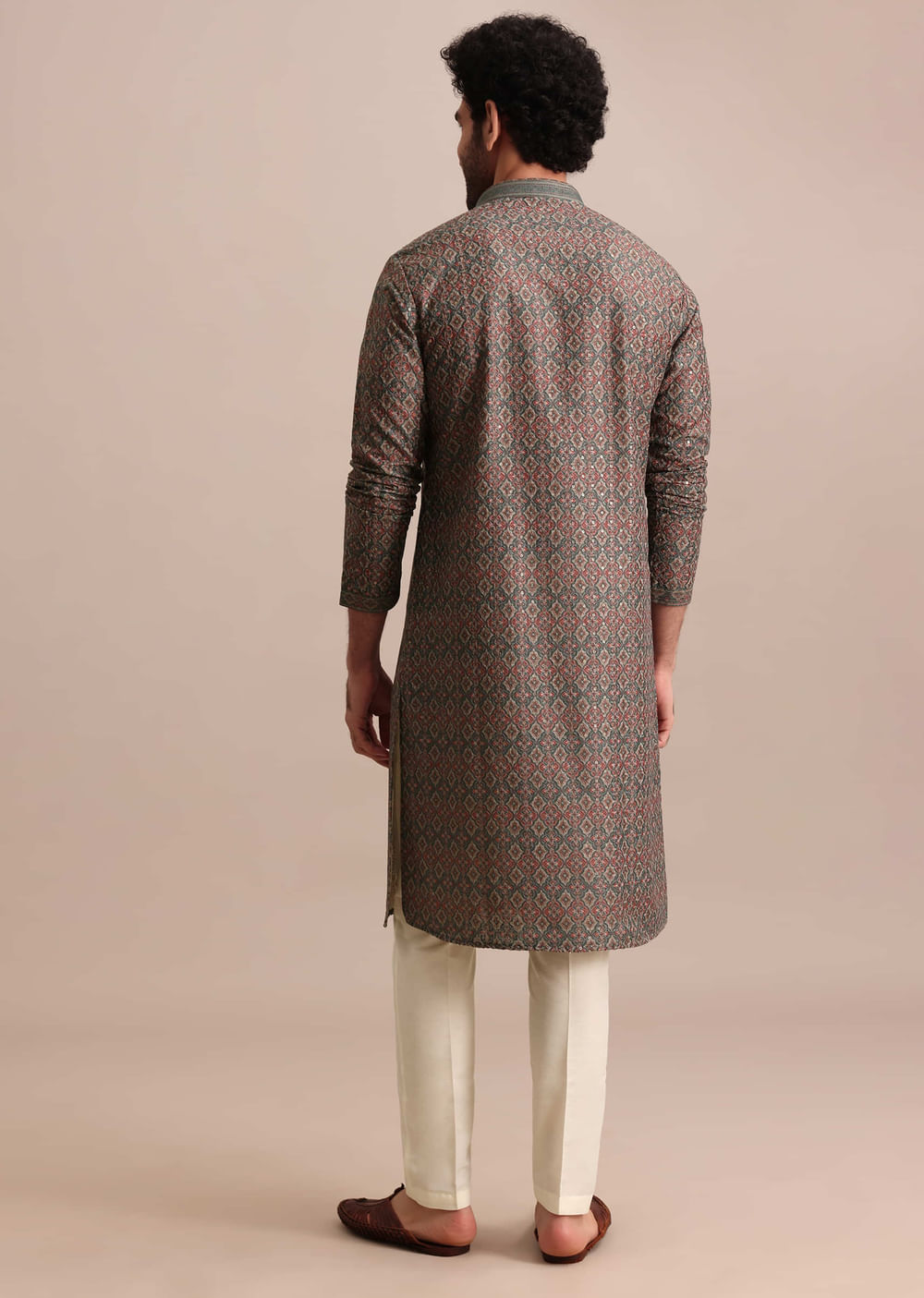 Grey Printed Silk Kurta Set For Men