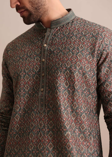 Grey Printed Silk Kurta Set For Men