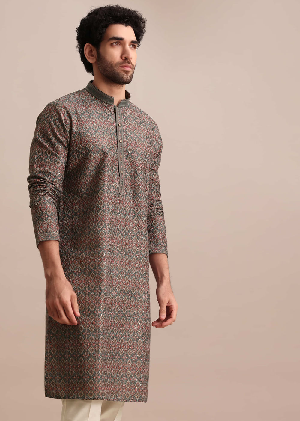 Grey Printed Silk Kurta Set For Men