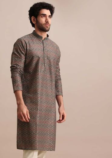 Grey Printed Silk Kurta Set For Men