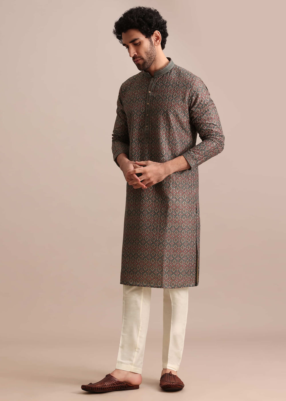 Grey Printed Silk Kurta Set For Men
