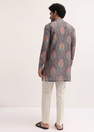 Grey Printed Silk Short Kurta Set For Men