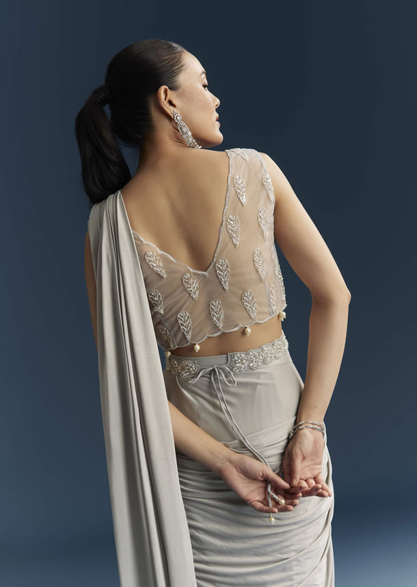 Grey Ready Pleated Saree With Cutdana And Sequins Work