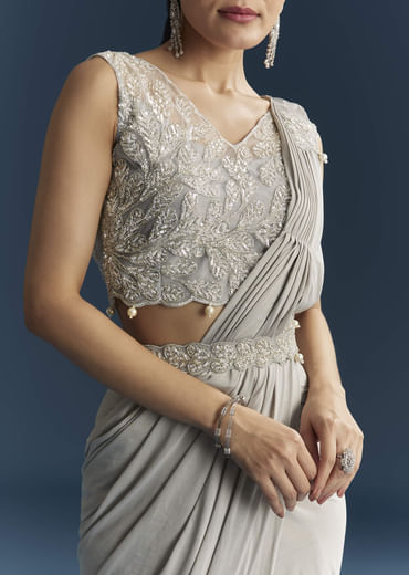 Grey Ready Pleated Saree With Cutdana And Sequins Work