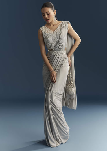 Grey Ready Pleated Saree With Cutdana And Sequins Work