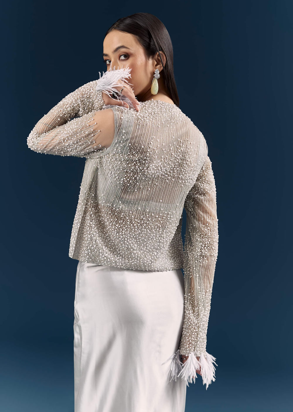 Grey Satin Crop Top And Drape Skirt With Embellishments