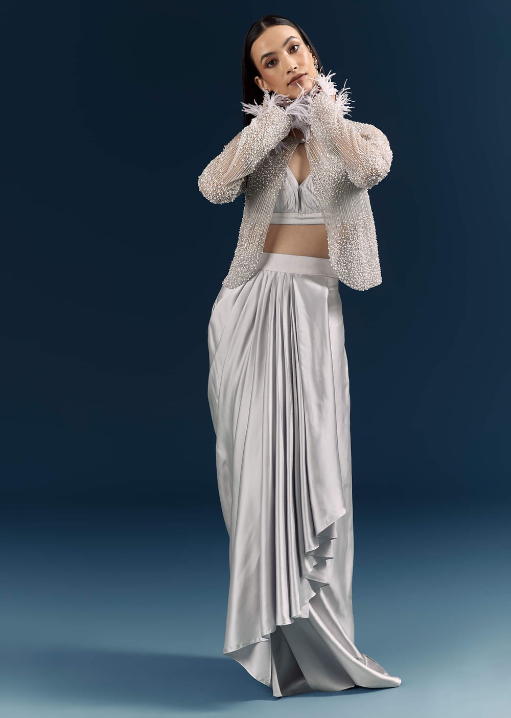 Grey Satin Crop Top And Drape Skirt With Embellishments
