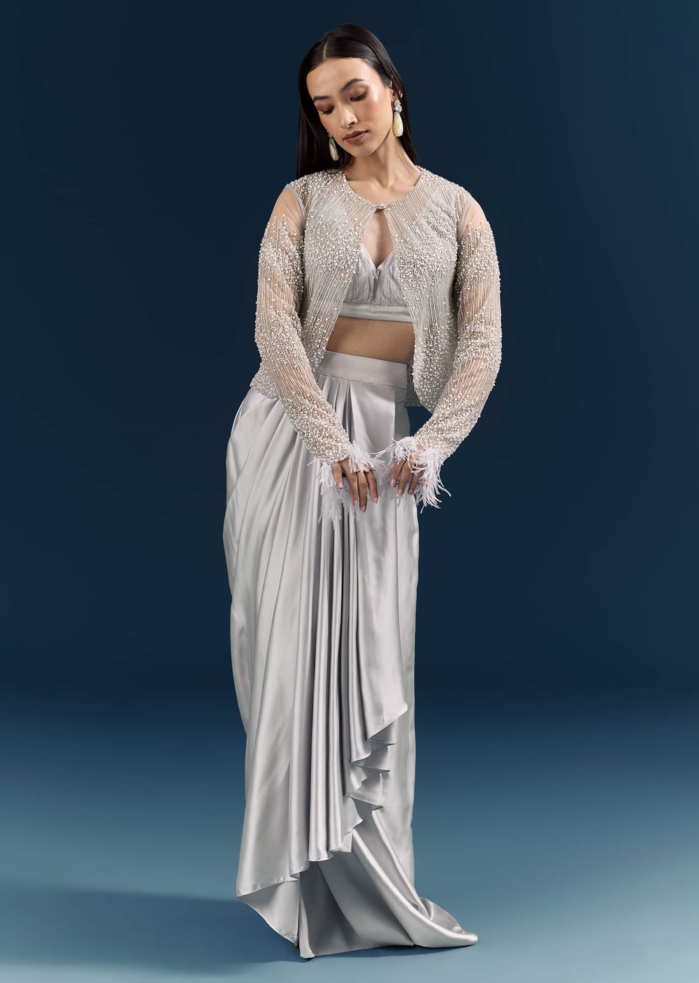 Grey Satin Crop Top And Drape Skirt With Embellishments