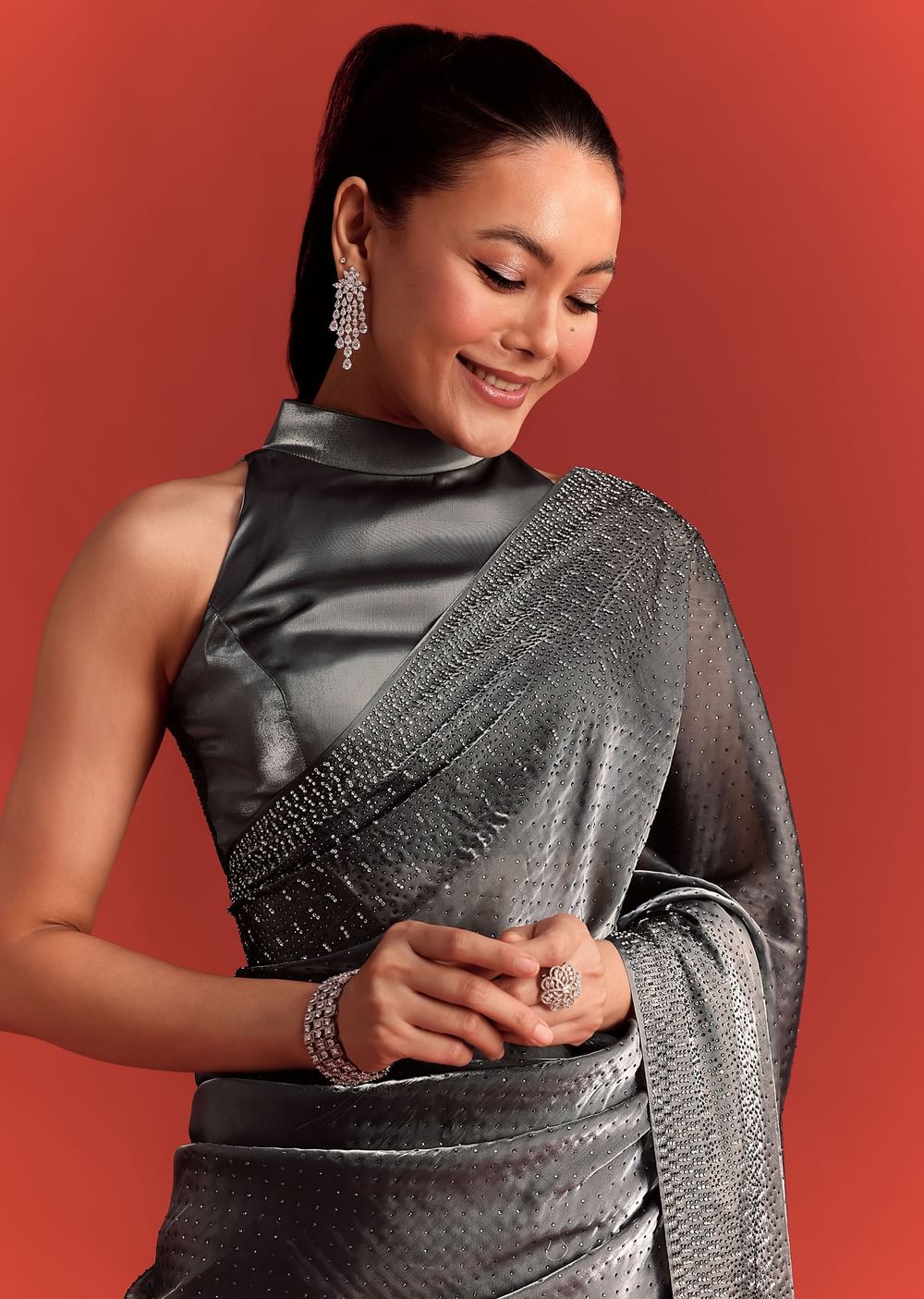Grey Satin Saree With Stone And Diamond Work