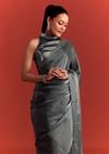 Grey Satin Saree With Stone And Diamond Work