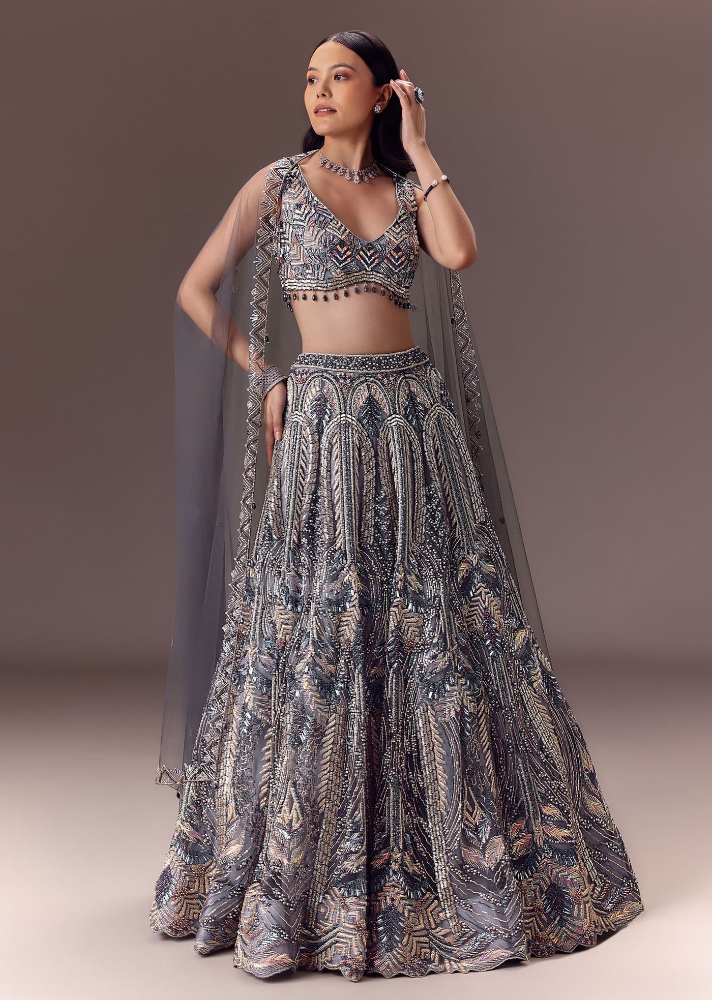 Grey Shimmer Net Lehenga Set With Cape Style Dupatta