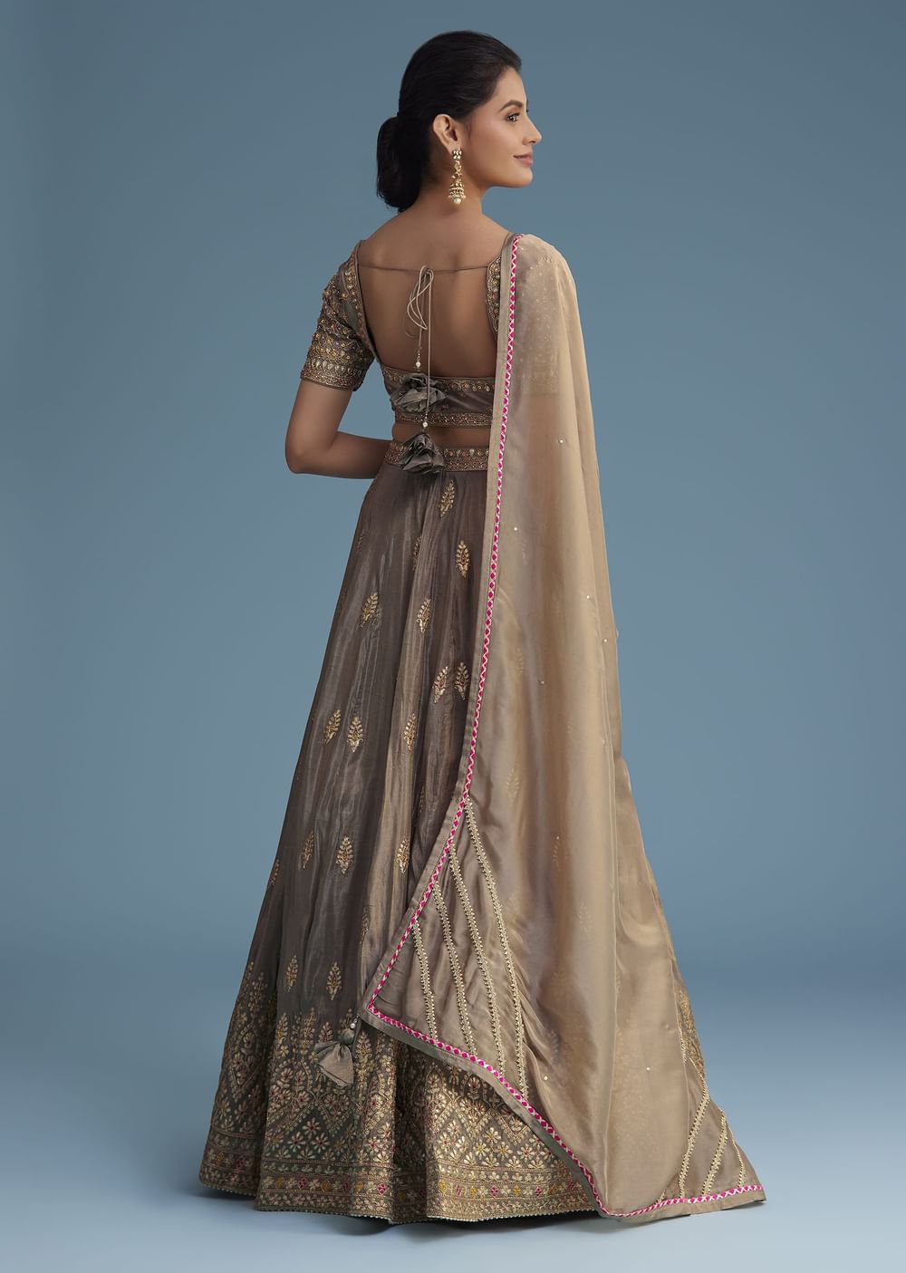 Grey Silk Lehenga Set With Gold Gotta Work