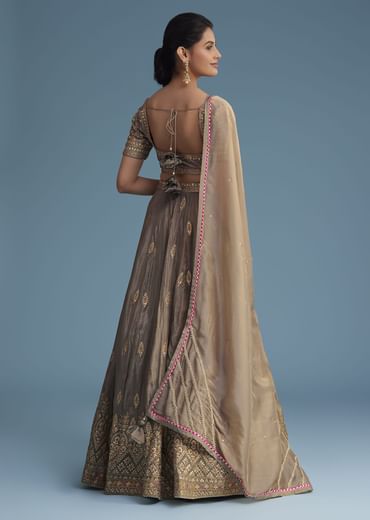 Grey Silk Lehenga Set With Gold Gotta Work