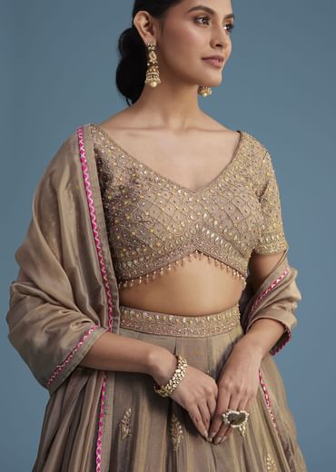 Grey Silk Lehenga Set With Gold Gotta Work