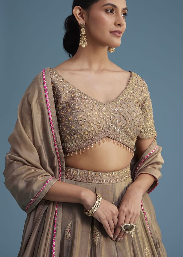 Grey Silk Lehenga Set With Gold Gotta Work