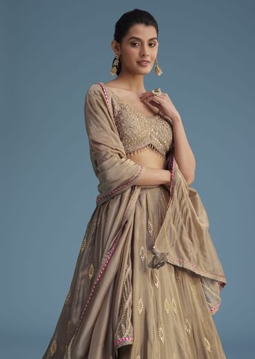 Grey Silk Lehenga Set With Gold Gotta Work