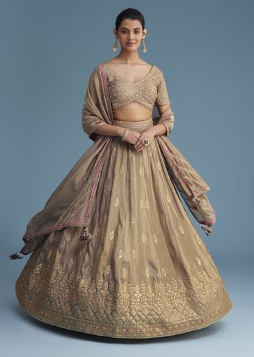 Grey Silk Lehenga Set With Gold Gotta Work