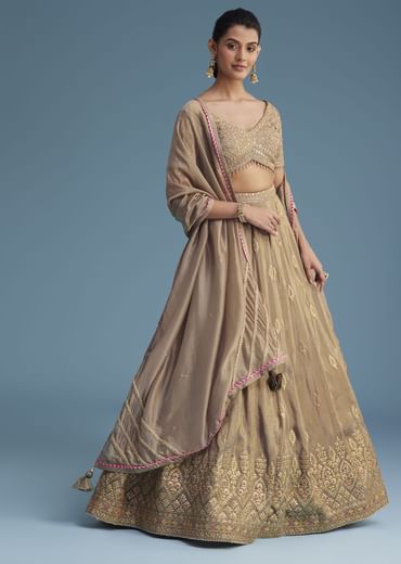 Grey Silk Lehenga Set With Gold Gotta Work