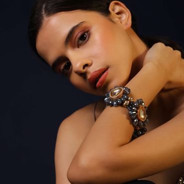 Grey Stone Bracelet In Floral Motif With Kundan Centre And Swarovski