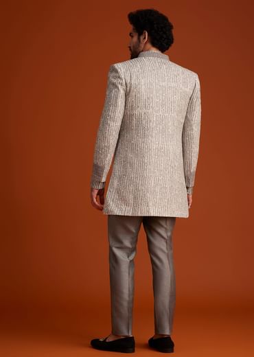 Grey Textured Jacket With Striped Kurta Set